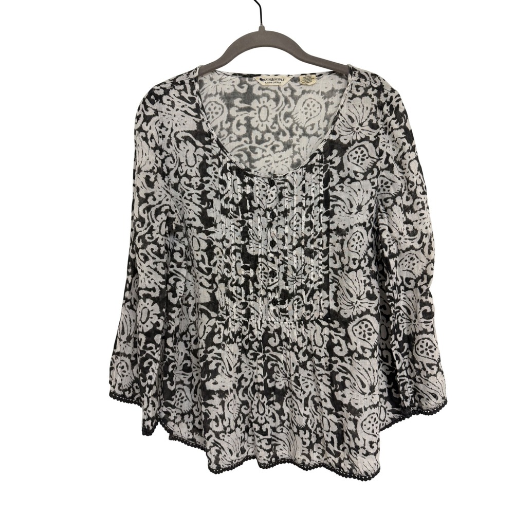 Denim & Supply Ralph Lauren Floral Pintuck Peasant Blouse Black White Medium